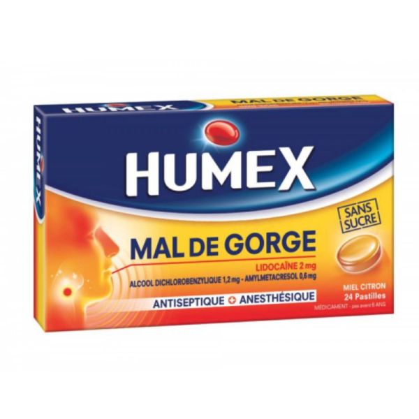 Humex Mal de Gorge miel citron sans sucre 24 pastilles