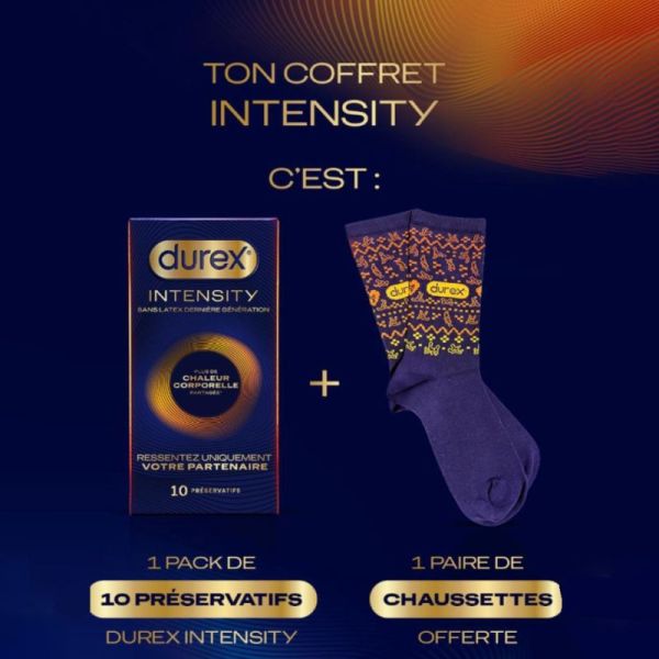 Durex Coffret Intensity 10 préservatifs + 1 paire de chaussettes offertes - Préservatifs sans latex et chaleur partagée