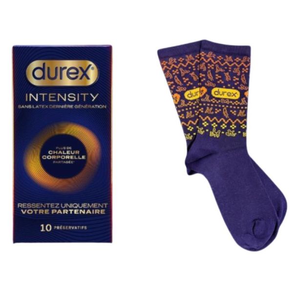 Durex Coffret Intensity 10 préservatifs + 1 paire de chaussettes offertes - Préservatifs sans latex et chaleur partagée