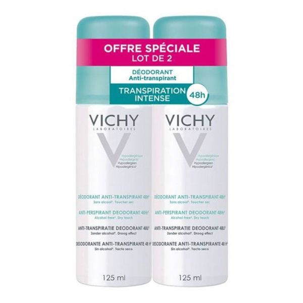 Vichy Déodorant Anti-Transpirant Efficacité 48H - Lot de 2 x 125 ml - Protection Peaux Sensibles