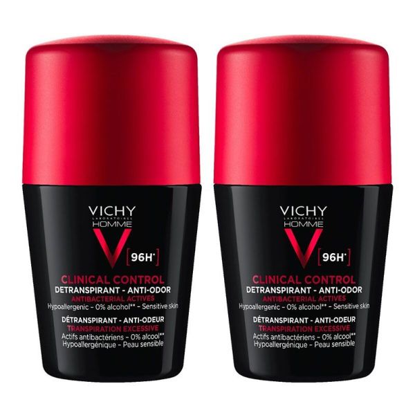 Vichy Homme Clinical Control Déodorant Détranspirant 96H - Lot de 2 x 50 ml - Transpiration Intense