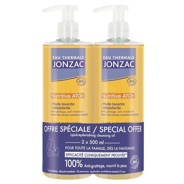 Eau Thermale Thermale Jonzac Nutritive ATO Huile Lavante Relipidante Bio - Lot de 2 x 500 ml - Nettoie, apaise et nourrit