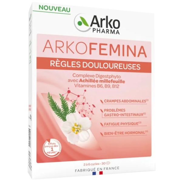 Arkopharma Arkofemina Règles Douloureuses - 30 comprimés - Soulage crampes, fatigue et inconfort digestif