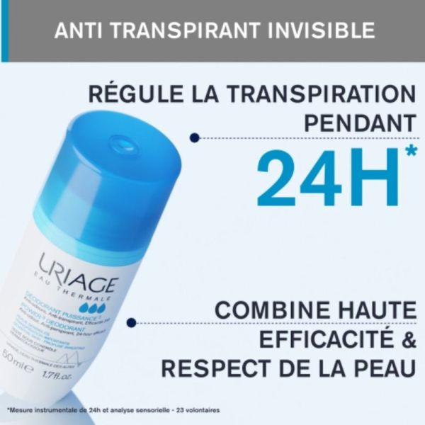 Uriage Déodorant Puissance 3 - 50 ml - Anti-Transpirant 24h Peaux Sensibles