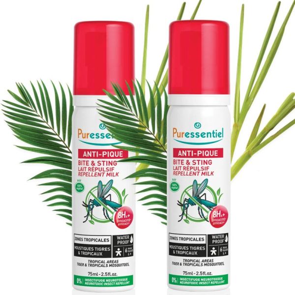Puressentiel Anti-Pique Lait Répulsif Zones Tropicales 2x75 ml – Protection 8h waterproof et hydratante dès 6 mois