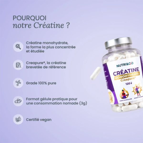 Nutri&Co Créatine Gélules 120 Gélules – Force musculaire et performance physique