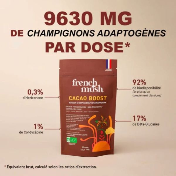 French Mush Cacao Boost 60 doses - Boisson bio aux champignons pour énergie stable et digestion