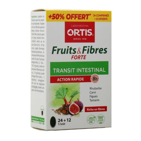 Ortis Fruits & Fibres Forte Transit Intestinal - 24 Comprimés + 12 Offerts