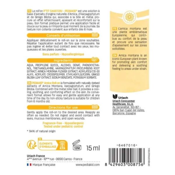Pediakid P'tit Cass'cou Arnica Roll on 15 ml - Apaise la peau