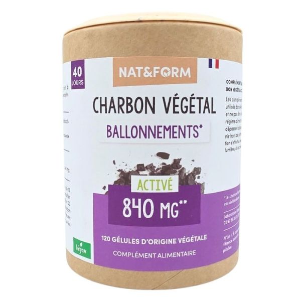 Nat&Form Charbon Végétal Activé 840 mg 120 gélules - Favorise le confort digestif et soulage en cas de flatulences