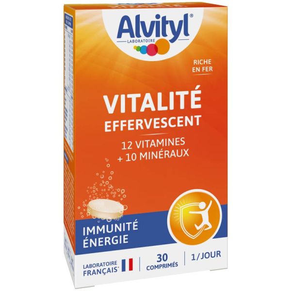 Vitalité Effervescent 30 Comprimés - 12 Vitamines, 8 minéraux, fer, magnésium - Immunité, énergie