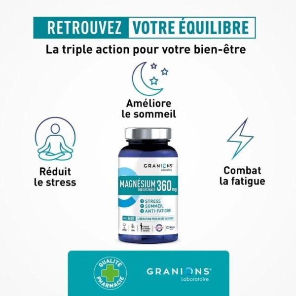Granions Magnésium Bisglycinate 360 mg 60 comprimés – anti-fatigue, réduit le stress et améliore le sommeil