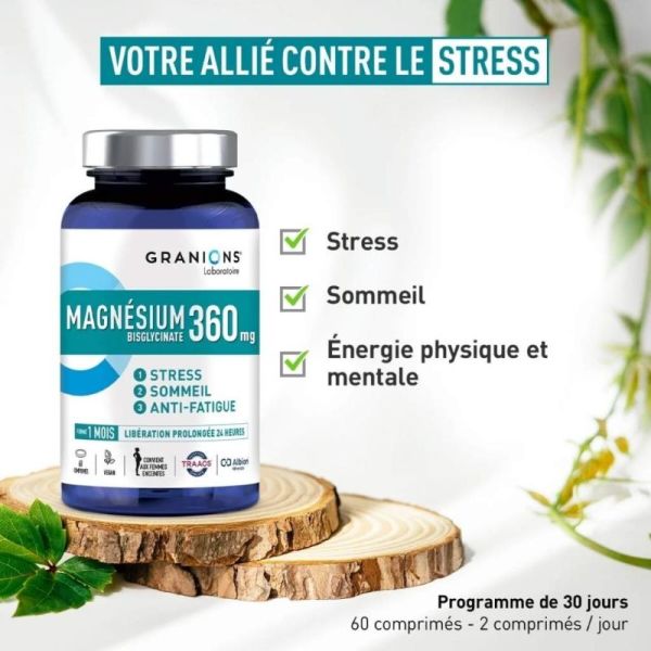 Granions Magnésium Bisglycinate 360 mg 60 comprimés – anti-fatigue, réduit le stress et améliore le sommeil