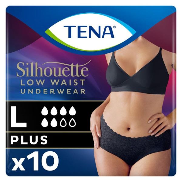 TENA Silhouette Plus Noir Taille Basse - Taille L - 10 Protections - Sous-Vêtements Absorbants