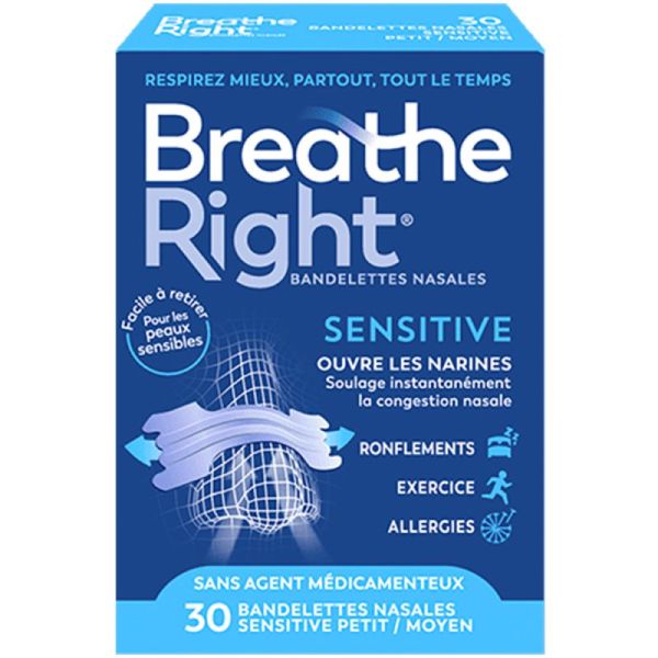 Breathe Right Bandelettes Nasales Sensitive Moyen - 30 bandelettes - Soulagement immédiat et douceur