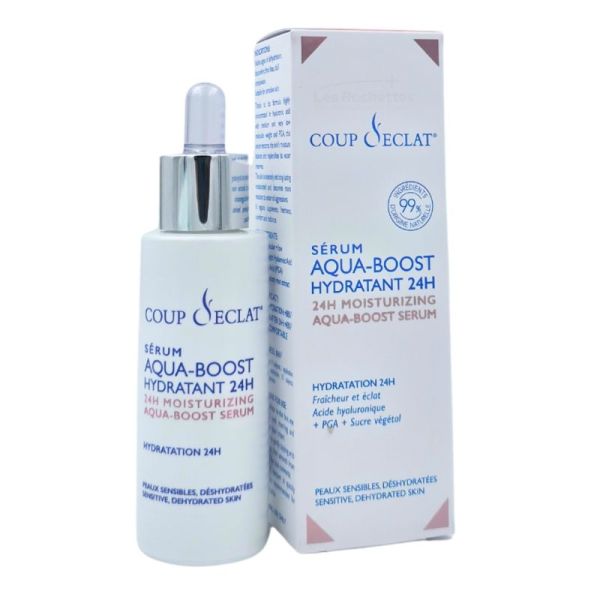 Coup d'Éclat Sérum Aqua-Boost Hydratant 24H 30ml - Hydratation intense et éclat des peaux sensibles déshydratées