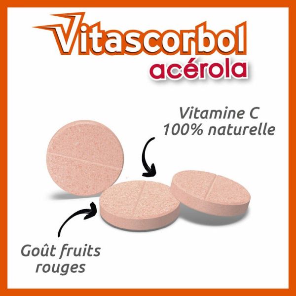Vitascorbol Acérola 1000 - 30 Comprimés à Croquer - Saveur Fruits Rouges - Pour plus de vitalité