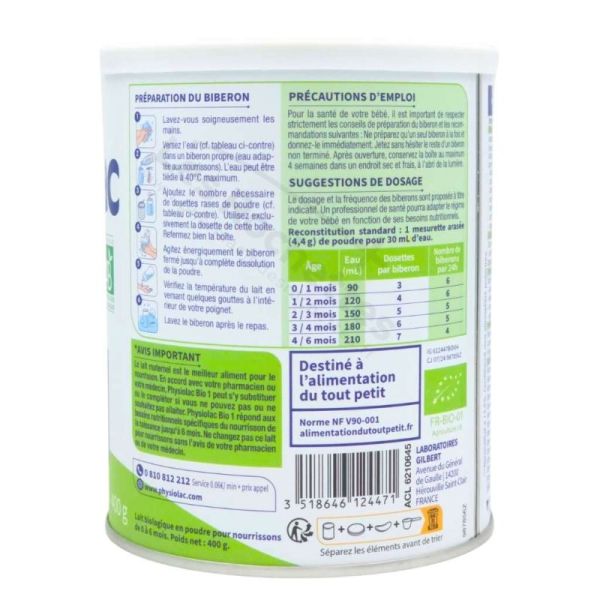 Physiolac Bio 1 Lait Infantile 1er Âge 0-6 Mois 400 g – Sans huile de palme