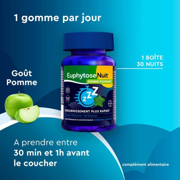 Bayer Santé Euphytose Nuit - Goût Pomme - Aide à l'Endormissement - 30 Gommes