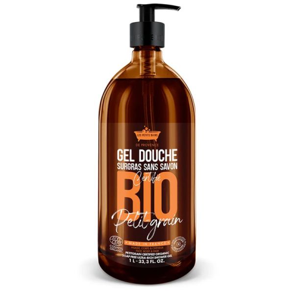 Les Petits Bains de Provence Gel Douche Bio - 1 Litre - Petit Grain - Relaxant, Doux et Naturel