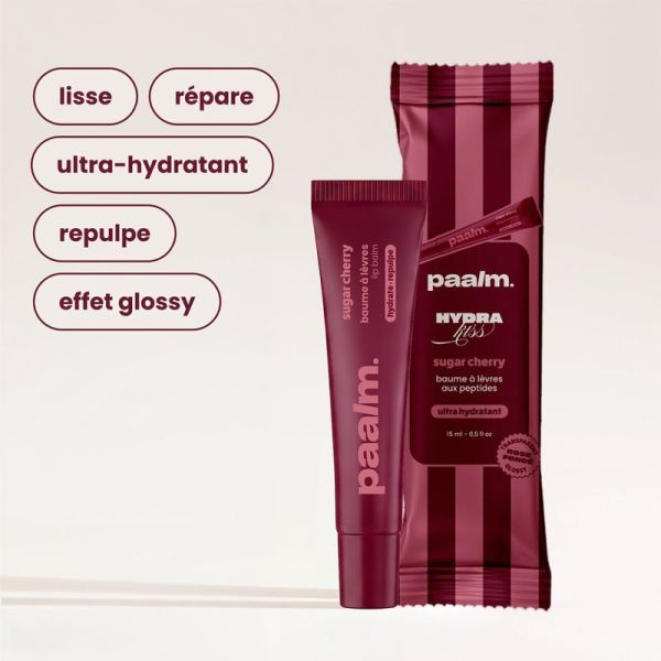Paalm Baume à Lèvres Hydrakiss Sugar Cherry 15 ml – Baume à lèvres peptides, HA et phyto-plumper rose foncé glossy