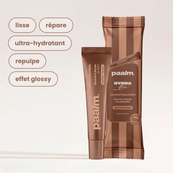 Paalm Baume à Lèvres Hydrakiss Caramel Macchiato 15 ml – Baume à lèvres peptides, HA et phyto-plumper marron glossy