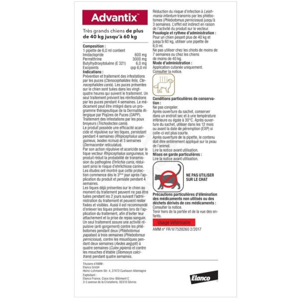 Elanco Advantix Antiparasitaire Très Grand Chien 40 à 60 kg - 4 pipettes