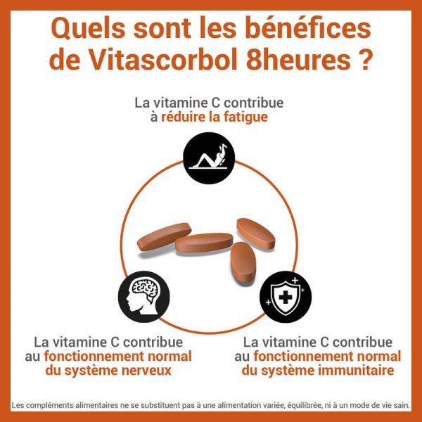 Vitascorbol 8 Heures 500 mg - 30 comprimés - Libération prolongée pour une vitalité durable