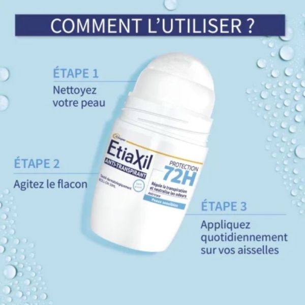 Etiaxil Anti-transpirant Roll-On Protection 72H - lot de 2x50ml - peaux sensibles et anti-traces