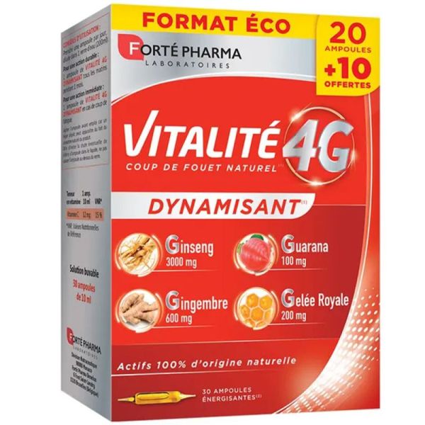 Forté Pharma Vitalité 4G - 20 Ampoules + 10 GRATUITES - Coup de boost immédiat et vitalité durable