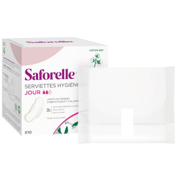 Saforelle Serviettes Hygiéniques Jour Avec Ailettes Coton Bio 10 unités - Protection Douce et Confortable