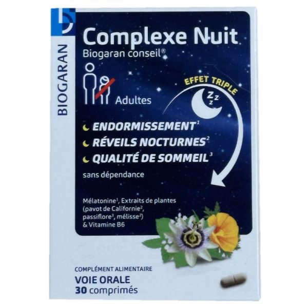 Biogaran Complexe Nuit 30 comprimés - favorise l'endormissement, réduit les réveils nocturnes et améliore la qualité du sommeil