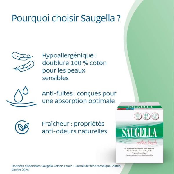 Saugella Cotton Touch 14 Serviettes Extra Fines Jour avec Ailettes