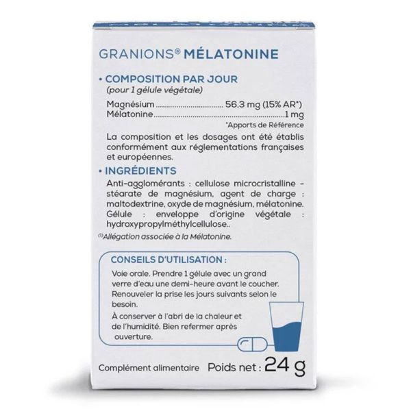 Granions Mélatonine 1mg 60 gélules - Contribue à réduire le temps d'endormissement