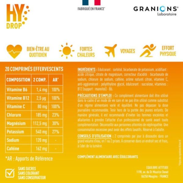 Granions Hydrop Boost Caféine Citron 20 Comprimés Effervescents – Hydratation et énergie