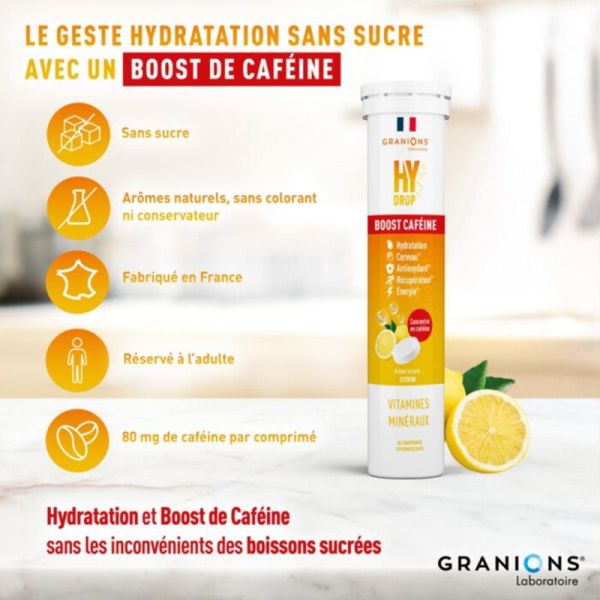 Granions Hydrop Boost Caféine Citron 20 Comprimés Effervescents – Hydratation et énergie