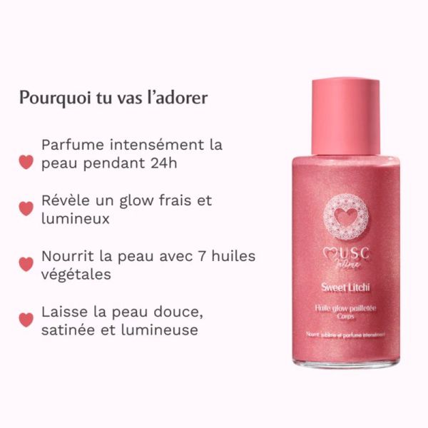 Musc Intime Huile Glow Pailletée Corps Sweet Litchi 100 ml – Huile sèche nutritive sublimatrice nacrée