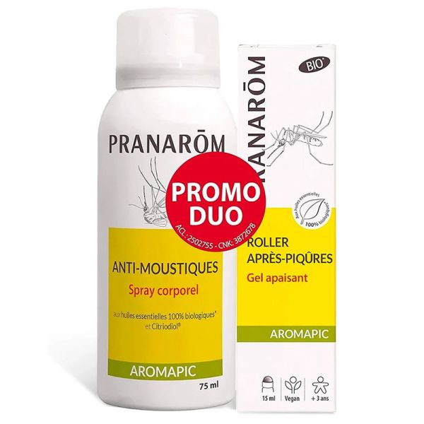Pranarôm Duo Aromapic Spray Lacté Répulsif Anti-moustiques + Aromapic Roller Piqûres Gel Apaisant