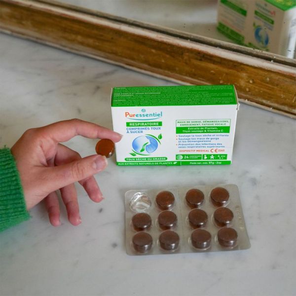 Puressentiel Respiratoire Toux Sèche ou Grasse x24 Comprimés à Sucer – Double action curative et préventive dès 4 ans