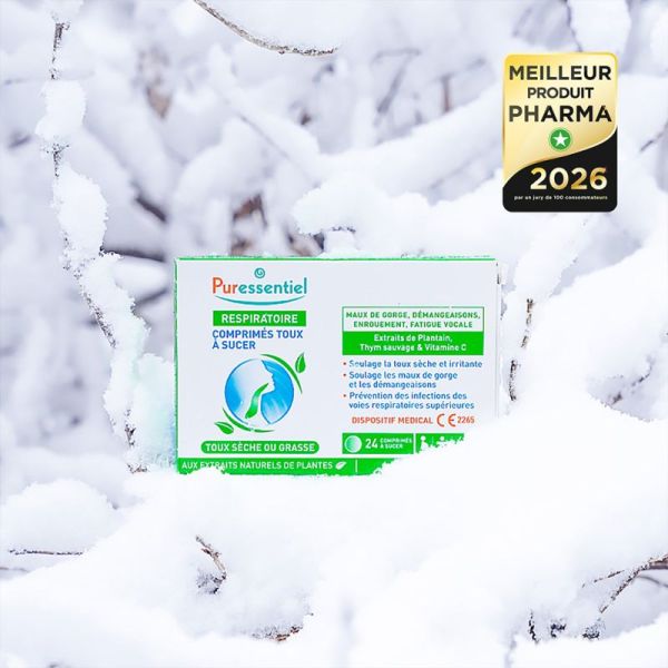 Puressentiel Respiratoire Toux Sèche ou Grasse x24 Comprimés à Sucer – Double action curative et préventive dès 4 ans
