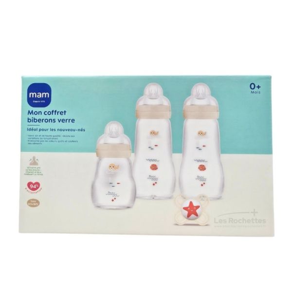 MAM Mon Coffret Naissance - 3 Biberons Verre + 1 Sucette
