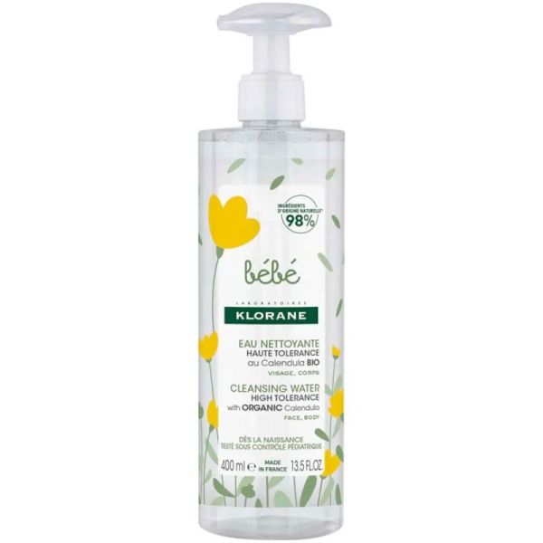 Klorane Eau Nettoyante Bébé Bio - 400ml - Nettoie, apaise et protège la peau délicate des tout-petits