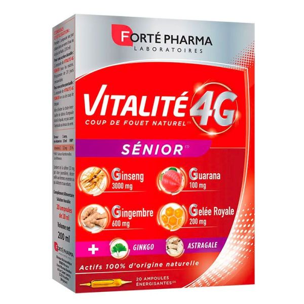 Forté Pharma Vitalité 4G - Dynamisant Naturel Sénior - Au Ginseng Gingembre et Ginkgo - 20 ampoules