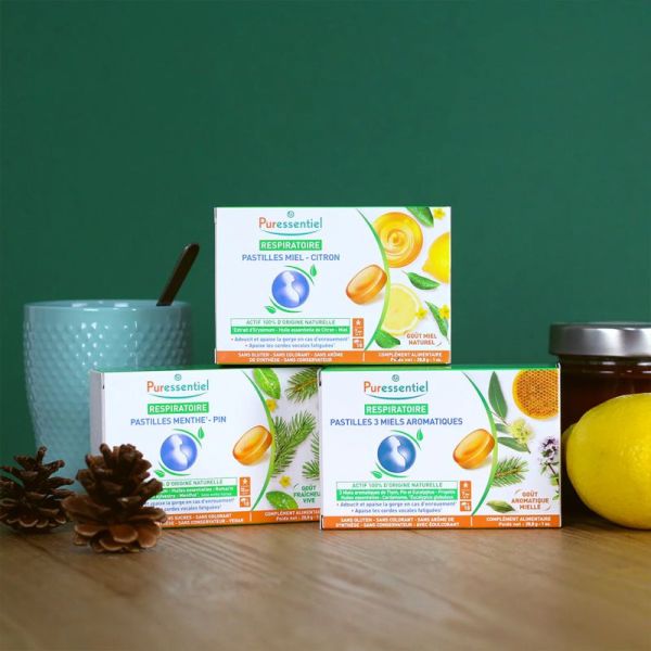 Puressentiel Respiratoire Pastilles 3 Miels Aromatiques x18 Pastilles – Adoucit la gorge, calme l'enrouement et apaise les cordes vocales