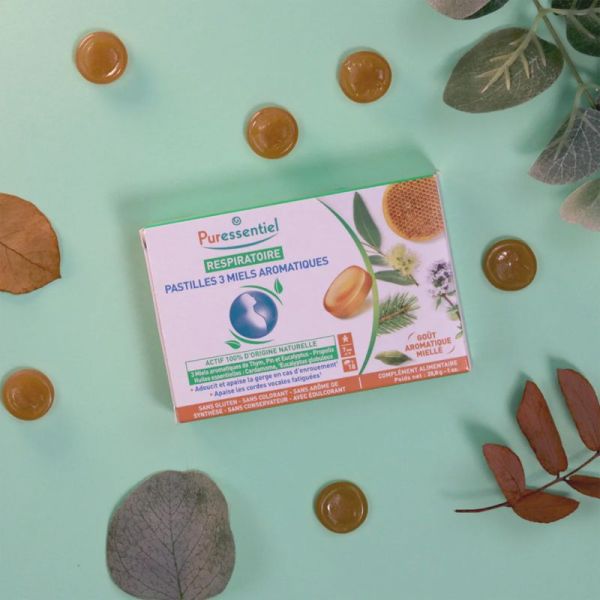 Puressentiel Respiratoire Pastilles 3 Miels Aromatiques x18 Pastilles – Adoucit la gorge, calme l'enrouement et apaise les cordes vocales