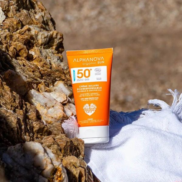 Alphanova Crème Solaire Certifiée Bio Très Haute Protection SPF 50+ 50g - Biologique, Parfum Monoï, Filtre Minéral