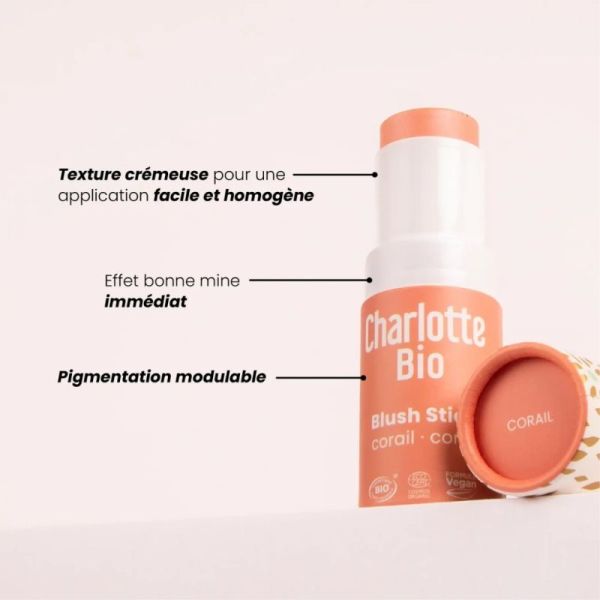 Charlotte Bio Blush Stick Corail - Pigmentation intense et effet bonne mine bio