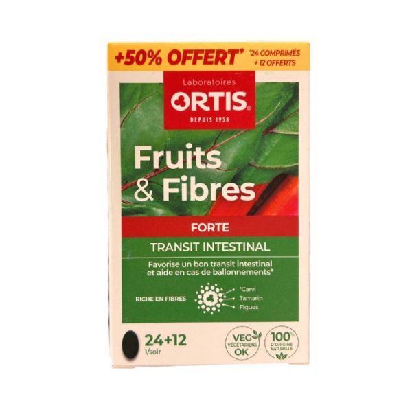 Ortis Fruits & Fibres Forte Transit Intestinal - 24 Comprimés + 12 Offerts