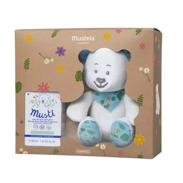 Mustela Coffret Musti - Eau de Soin 50ml + Doudou Ourson Blanc- Coffret Idéal pour Nouveau-nés