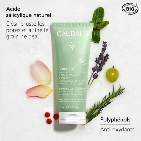 Caudalie Vinopure Gelée Nettoyante Purifiante Bio Peaux Mixtes à Grasses - 75ml